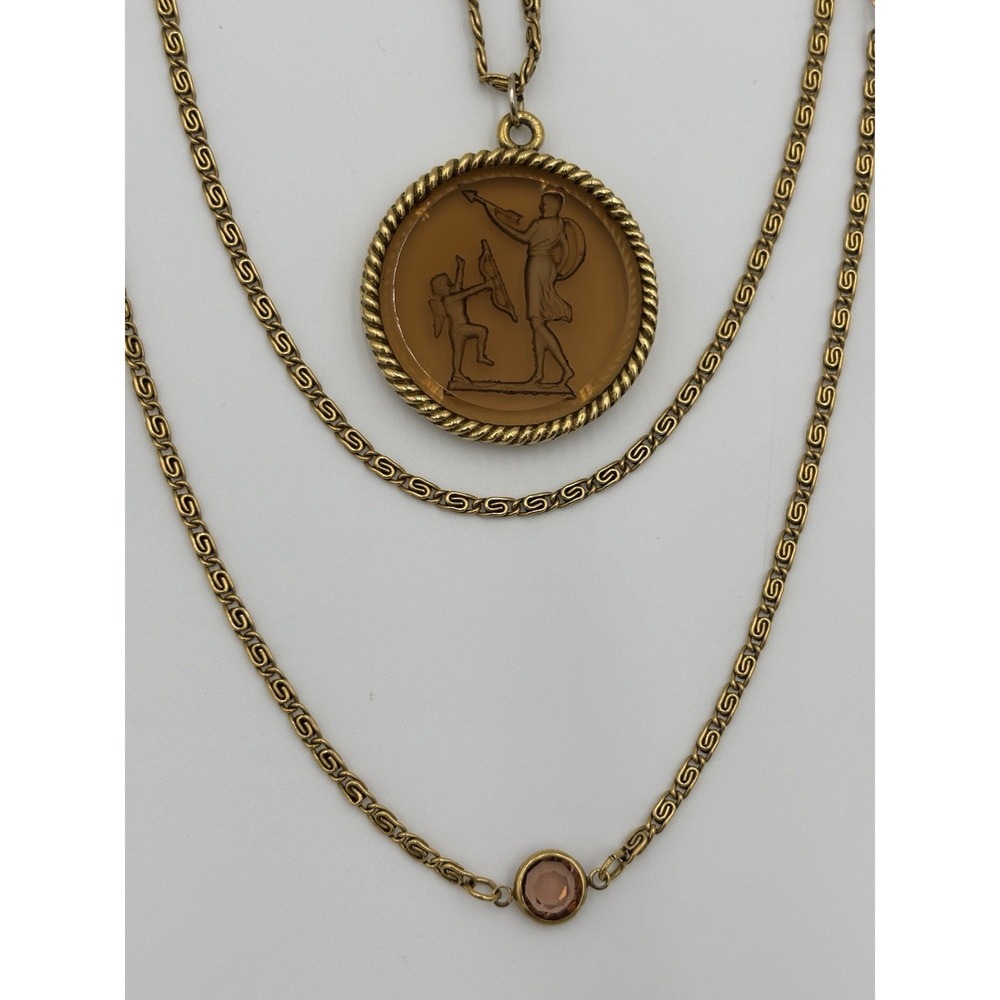 VTG Goldette Venus & Cupid Amber Glass Intaglio Multi Strand Necklace Gold Tone